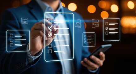 Digital Checklist Application on Futuristic Interface: Man Inspecting Virtual List for Business Productivity