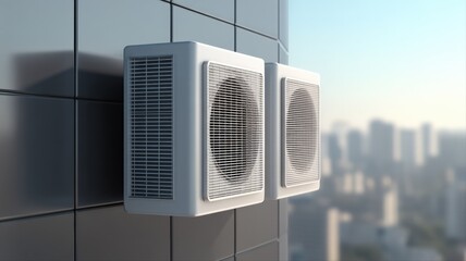 Air Conditioning Units on Modern Building Facade Overlooking City Skyline, Cooling System Technology