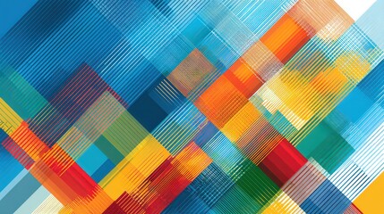 Dynamic Colorful Abstract Background with Diagonal Geometric Lines and Textured Hatching in Vivid Blue Orange Green and White