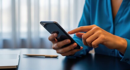Woman using smartphone for communication, mobile technology, and modern digital lifestyle with blurred background