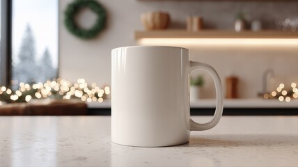 White Mug Mockup on Kitchen Countertop with Winter Scene, Perfect for Christmas and Holiday Designs