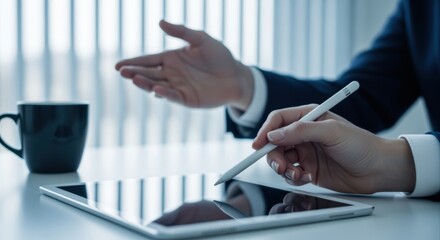 Business Professional Using Digital Tablet for Strategy Planning and Collaboration with Coffee