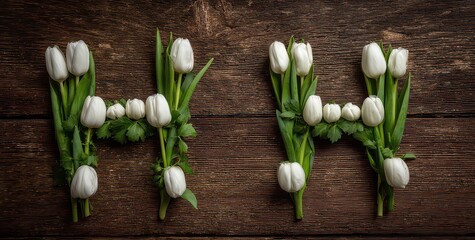 Floral Arrangement of White Tulips Forming HH Letters on Rustic Wood Background