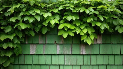 Green Vine Covering Weathered Shingle Wall with Faded Green Paint Creating a Textured Rustic Background and Natural Overgrowth Effect with Soft Outdoor Lighting