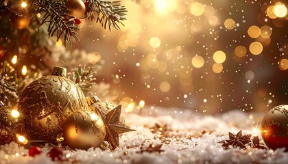 Magical Christmas Tree Ornaments and Snowfall with Golden Bokeh Lights.