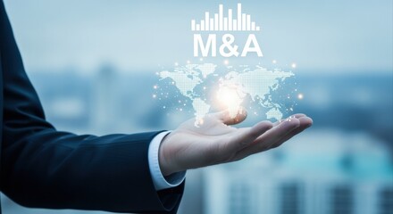 Mergers and Acquisitions Concept: Businessman Holding Global Network Visualization for Business Growth and Financial Success