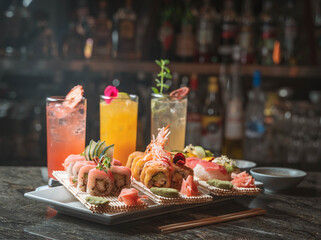 Assorted sushi and maki rolls on wooden table, Japanese food concept © Yuri - Supay 