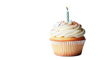 Delicious birthday cupcake with frosting and sprinkles on transparent background