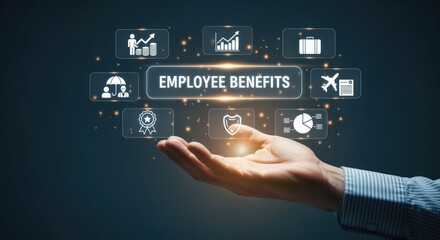Fototapeta premium Comprehensive Employee Benefits Package Displayed Above Hand, Featuring Health, Financial, and Lifestyle Perks, Promoting Workplace Wellness
