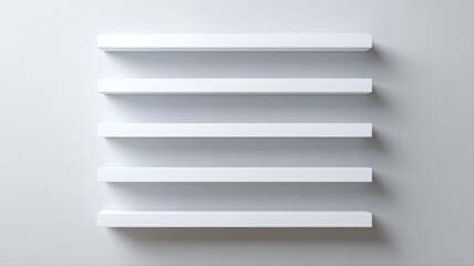 Minimalist Interior: Five White Floating Shelves on a Clean White Wall, Offering Ample Display Space