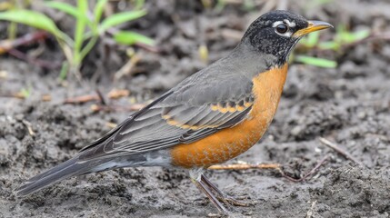 An American Robin with a bright red breast hopping across damp soil in its natural habitat