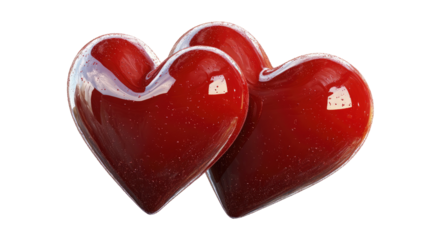 Shiny red glass hearts isolated on transparent background