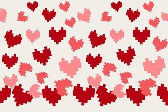Cute Pixel Heart Seamless Pattern &ndash; Red Valentine Love Design in Retro Game Style for Textile, Kids Fashion and Wallpaper