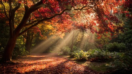 Obraz premium Sunlight shafts pierce through autumn forest canopy casting golden rays on fallen leaves and lush foliage