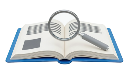 Open book with magnifying glass