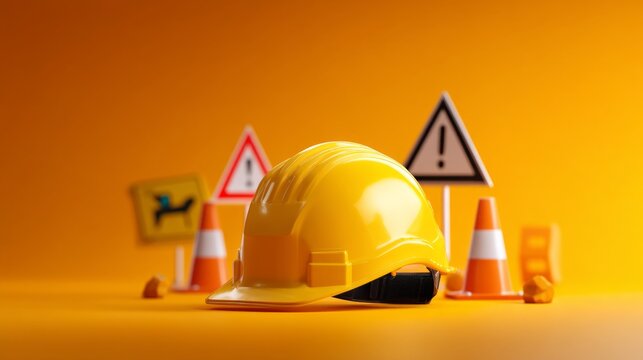 Mining Safety Awareness with Yellow Hard Hat and Warning Signs in Safety Concept