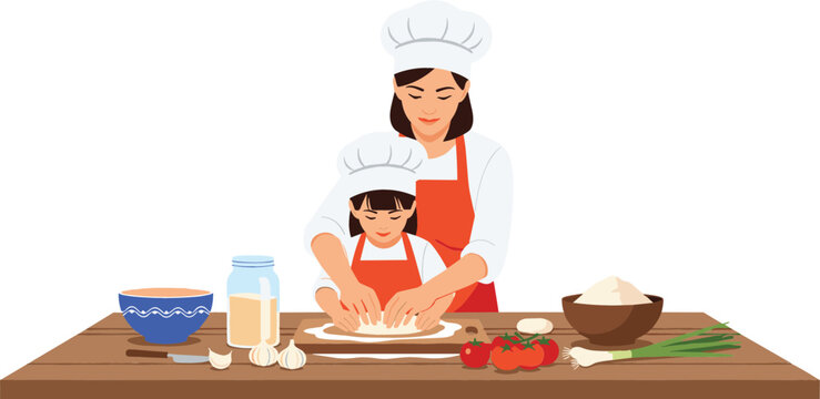 Mother and daughter wearing chef hats and aprons kneading dough together on wooden kitchen table for family baking concept vector