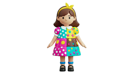 3D cartoon girl with colorful patchwork dress and yellow headband