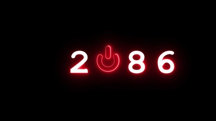 Neon power button icon animation. Start 2086 power button symbol. Switch power button animation. New year beginning, happy celebration.