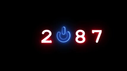 Neon power button icon animation. Start 2087 power button symbol. Switch power button animation. New year beginning, happy celebration.