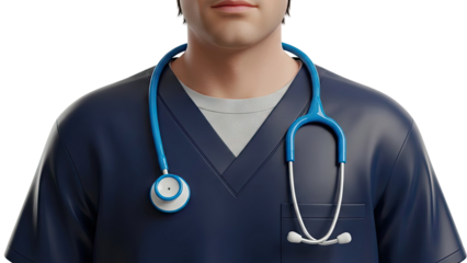 Doctor wearing navy scrubs with a blue stethoscope