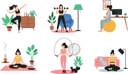 Flat vector illustration set of women practicing yoga meditating lifting weights and jumping rope in cozy home environments © NURUL
