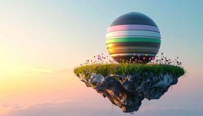 floating island in the sky with a large reflective striped ball on it, surrounded by green grass and small wildflowers.&nbsp;The background is a soft pastel sky in the sun n