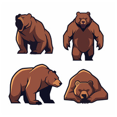 Naklejka premium Flat vector set of big brown bear cartoon character in dynamic poses wild mammal illustration