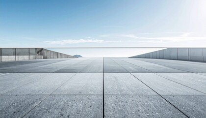 Fototapeta premium The room opens onto a wide horizon with a bright blue sky and a few wispy clouds.&nbsp;In the distance, the silhouette of mountains or hills can be seen faintly, adding to the impression of open space anda