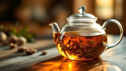 Transparent glass teapot filled with hot amber tea and visible tea leaves. Warm lighting creates a cozy still life atmosphere, symbolizing relaxation, wellness, tradition, and tea culture