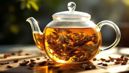 Transparent glass teapot filled with hot amber tea and visible tea leaves. Warm lighting creates a cozy still life atmosphere, symbolizing relaxation, wellness, tradition, and tea culture