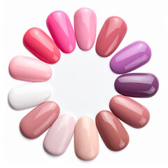Nail polish color swatches in various shades of pink, purple, rose and taupe isolated on a white background