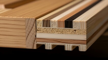 Close-up detailed view of layered wood construction showcasing craftsmanship and material diversity