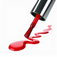 Vibrant red nail polish and brush on white background