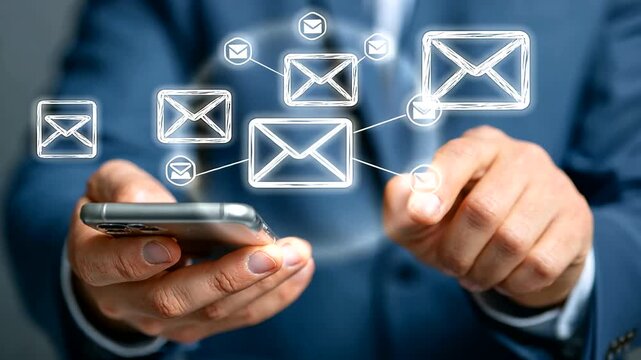 Businessperson Using Smartphone with Email Icons Concept for Communication and Technology