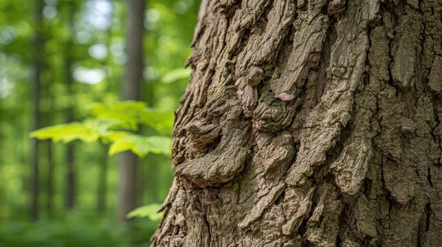 Close-up of the rough, textured bark on an old oak tree trunk with a blurred forest background.