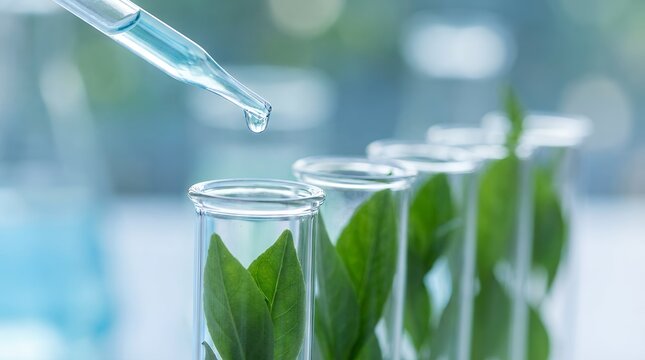 Close up of a pipette dripping liquid onto fresh green leaves submerged inside several clear glass laboratory test tubes arranged in a row plant science biology research leaf science