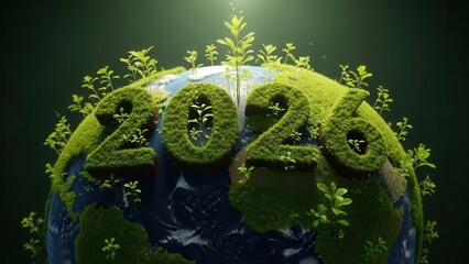 Green Planet Earth with Lush Grass 2026 Text and Growing Plants