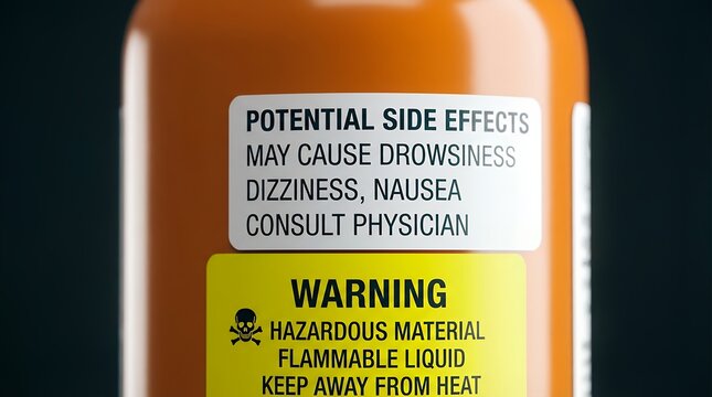 Close up on an orange pharmaceutical or chemical container label showing potential side effects and warning information like hazardous material and flammable liquid warnings warning label