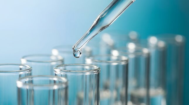 Close up view of a single clear liquid drop falling from a glass dropper into a row of transparent laboratory test tubes with blue tint science experiment chemistry glassware research