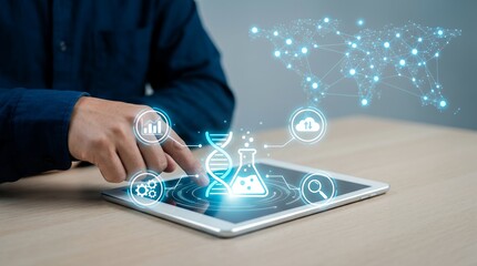 Businessman interacts with digital holographic interface on a tablet displaying DNA laboratory flask gear graph and global network connections in a bright setting science technology