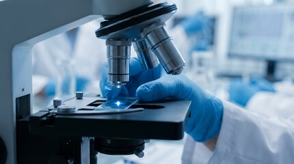 Close up view of a scientist wearing blue protective gloves adjusting a microscope slide with a glowing sample in a bright modern laboratory setting research analysis blue glove scientist hand