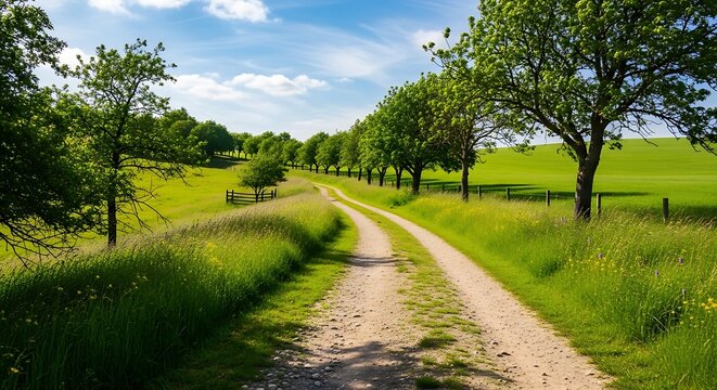 Winding dirt road through vibrant green fields and trees under a blue sky