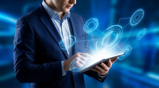 Businessman in navy suit interacting with a bright glowing tablet displaying holographic circular interface elements against a vibrant blue abstract digital environment technology futuristic - Powered by Adobe