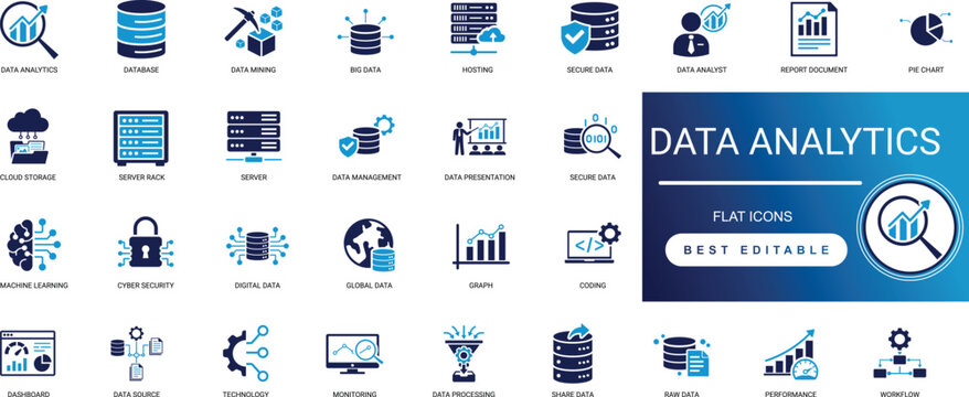 Data Analytics Solid Icons for Business Intelligence and Science featuring Graph Chart Dashboard Database Research Prediction Big Data Professional Vector Set Editable