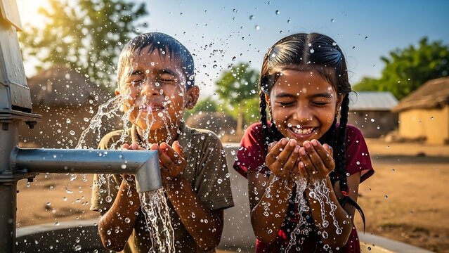 Two joyful children splashing clean water from a rural hand pump on a sunny day.