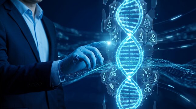 Businessman in suit and glove interacting with glowing blue digital DNA helix structure surrounded by scientific icons in a futuristic technology setting genetics biotechnology science - Powered by Adobe