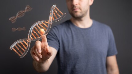 Focused man interacts with a luminous orange glowing double helix DNA structure floating in the air using his index finger genetic science biology human interaction futuristic research