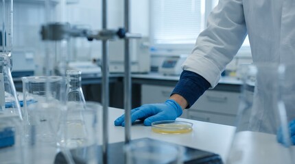 Scientist wearing blue gloves and white lab coat reaches toward a petri dish containing yellow agar culture medium surrounded by laboratory glassware medical research experiment biology