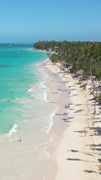 Tropical coastline with resorts, palm trees and caribbean sea. Travel destinations. Dominican Republic. Aerial view